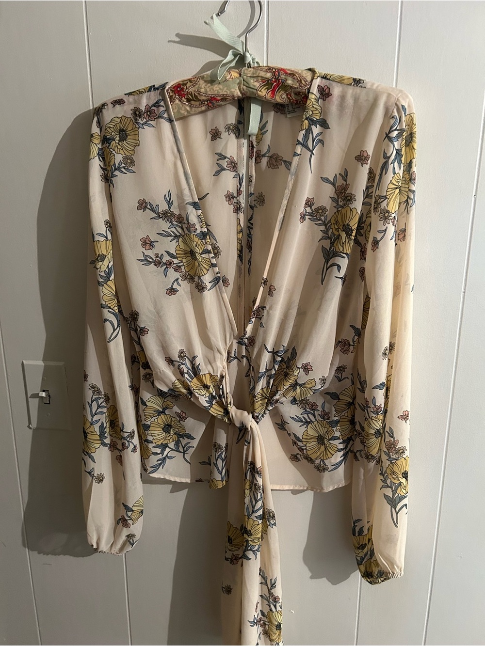 Forever 21 Cream Floral Tie-Front Blouse with Yellow Blooms